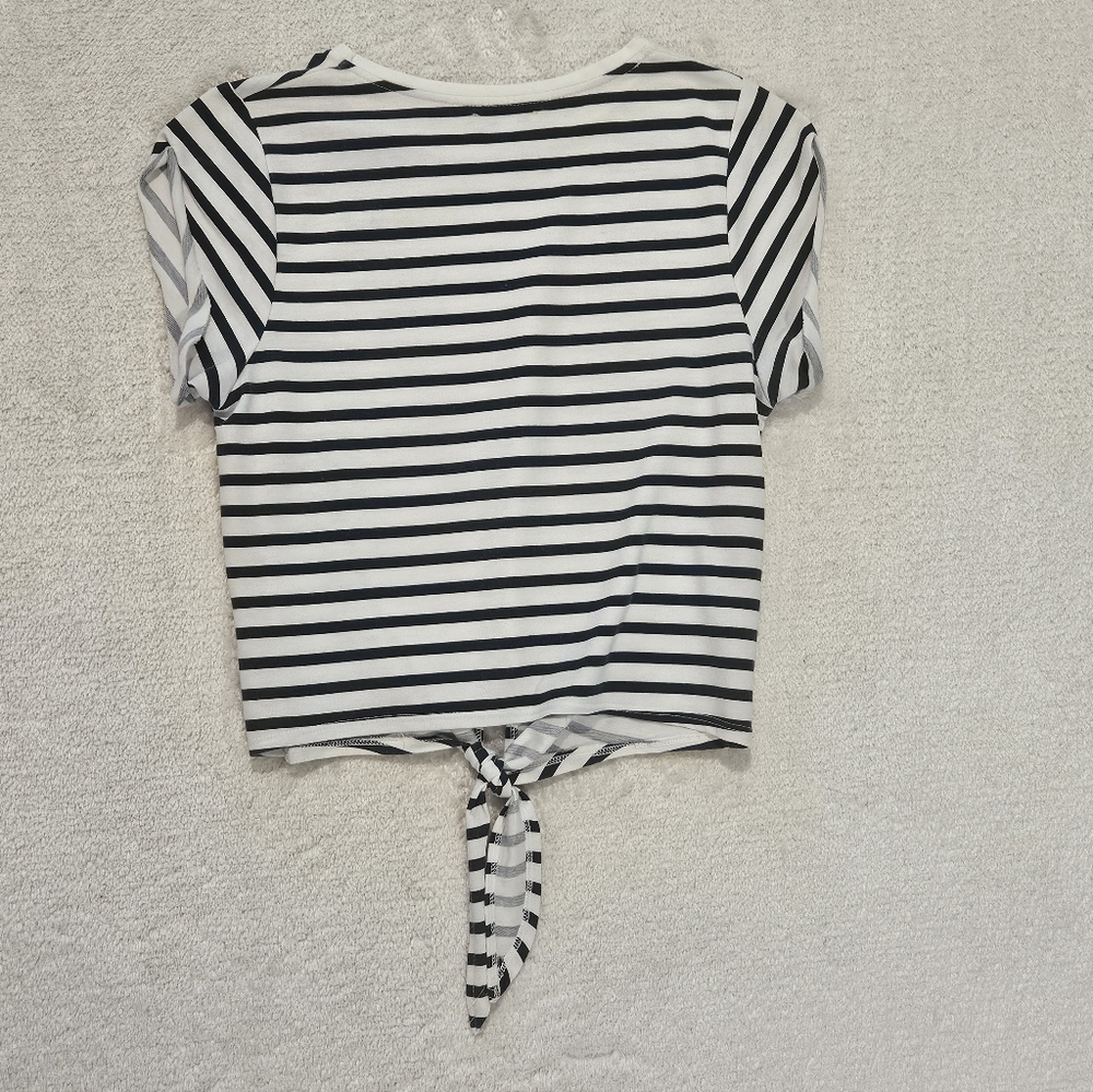 Zara Stripe Knot Front Tee Navy Blue White Size M Summer Vacation Cropped Preppy - Picture 6 of 6